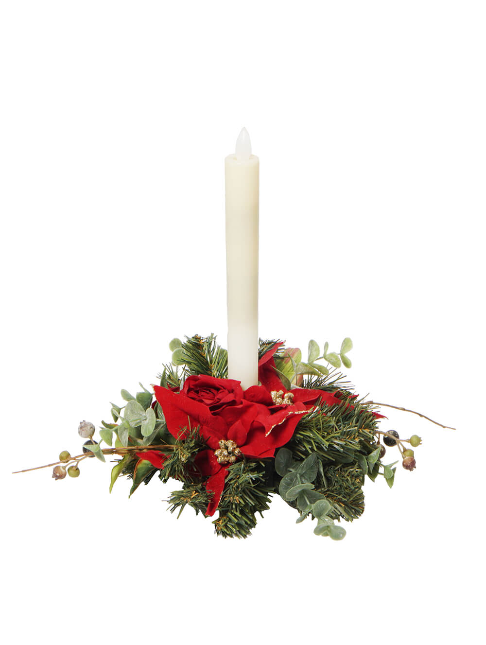 Single Candleholder with Poinsettia &amp; Eucalyptus